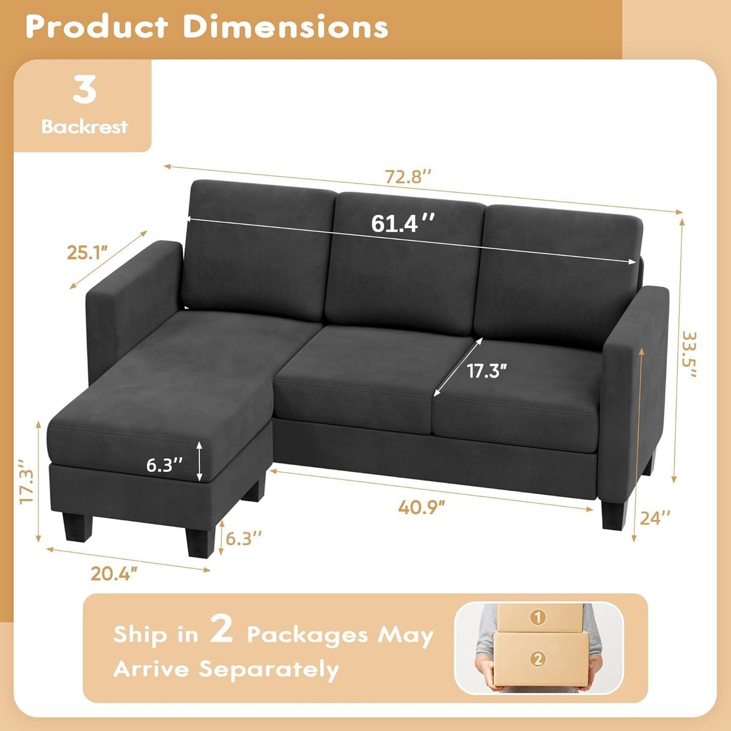 VICTONE Convertible Sectional Sofa Couch, 3 Seat L-Shaped Sofa with Linen Fabric Ottoman Small Couch for Small Apartments, Living Room and Office (Linen Fabric, Dark Gray)