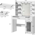 Vanity Desk with Mirror and Lights, Makeup Vanity Desk with Lights 3 Colors, Transparent Top Vanity with 2 RGB Drawers, 6 Shelves, Large Tempered Cabinet, Power Outlet, for Bedroom, White