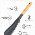Cooking Spoon for Nonstick Cookwares, Great for Cooking and Serving Sturdy BPA-Free Matte Silicone, Wood Handle Spoon for Mixing, Scoop, and Scrape (Black & Grey, 11.4 inch)