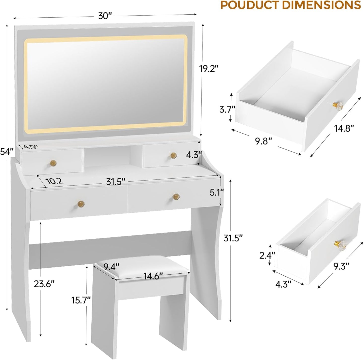 COMHOMA Makeup Vanity Desk with Mirror and Lights, Vanity Table and Chair Set with 5 Drawers and Charging Station, Bedroom Dresser LED Mirror Stepless Dimmable & 3 Color Modes Adjustable, White