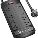 Surge Protector Power Strip - Nuetsa Flat Plug Extension Cord with 8 Outlets and 4 USB Ports, 6 Feet Power Cord (1625W/13A), 2700 Joules, ETL Listed, Black