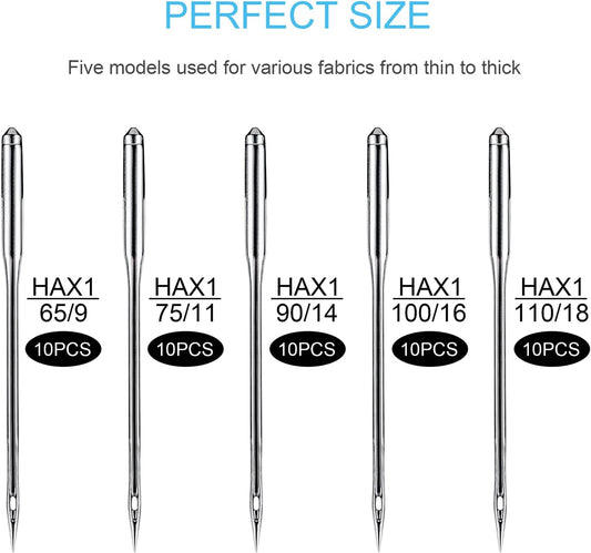 Sewing Machine Needles, 50 PCS Universal Sewing Machine Needle, Compatible with Singer, Brother, Janome, Varmax, Sizes HAX1 65/9, 75/11, 90/14, 100/16, 110/18 (50 PCS)