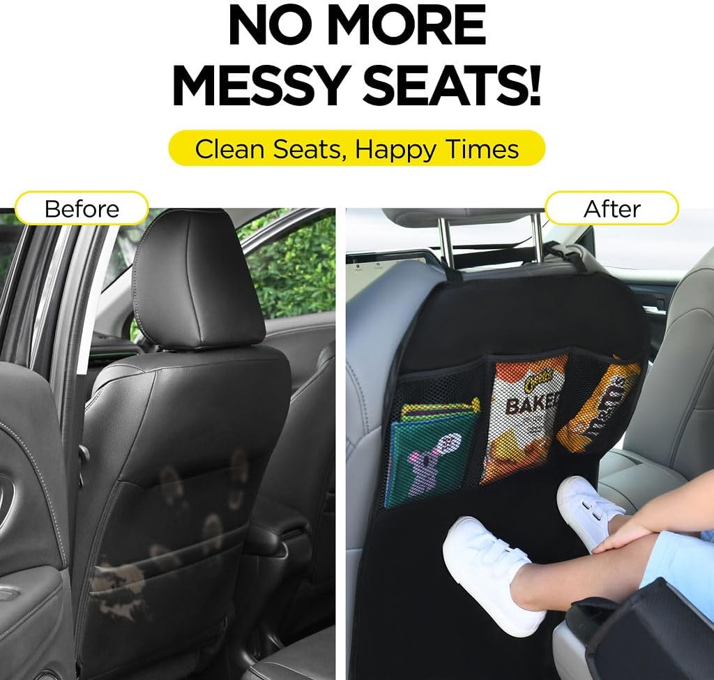 lebogner Back Seat Cover For Kids + 3 Pocket Storage Organizer, 2 Pack X-Large Waterproof Kick Mats Backseat Protector, Car Seat Back Protectors For Vehicles To Protect From Dirt, Mud & Scratches