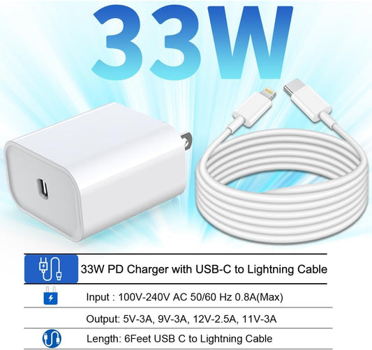 for iPhone Fast Charger, 33W USB C PD Wall Charger Block Plug with[MFi Certified]6ft Type C to Lightning Cable Quick Charging Data Sync Cord for iPhone14 13 12 11 Pro Max Mini Xs Xr iPad Air