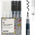 Grabie Black & White Extra Fine Tip Acrylic Paint Marker Set, 6 Pack, 0.7mm Acrylic Paint Pens for Highlights and Fine Details on Drawings, Rock Painting Glass Canvas Wood, White Highlight Markers