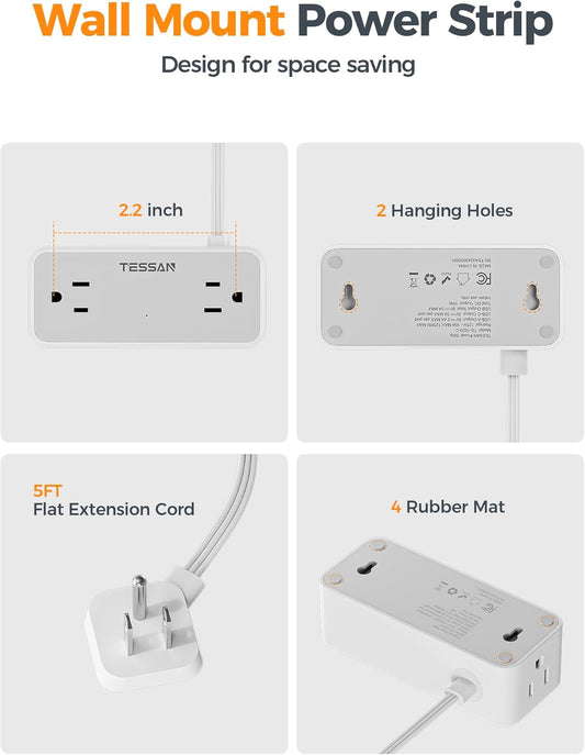 Flat Plug Extension Cord 5 FT, Surge Protector Power Strip with 4 AC Outlets 1 USB C and 2 USB A Ports, 900 Joules Protection, Multiple Wall Outlet Extender Suitable for Home Office Dorm