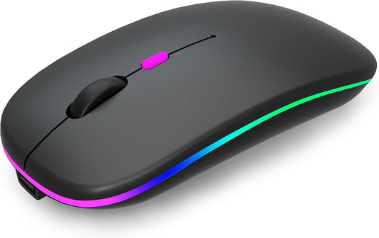 Wireless Bluetooth Mouse Rechargeable Laptop Mice with LED Use Portable(BT5.2 and USB 2.4G) Dual Mode Connection Silent Slim Computer Mouse for Laptop/iPad Tablet/Apple MacBook/PC (Black)