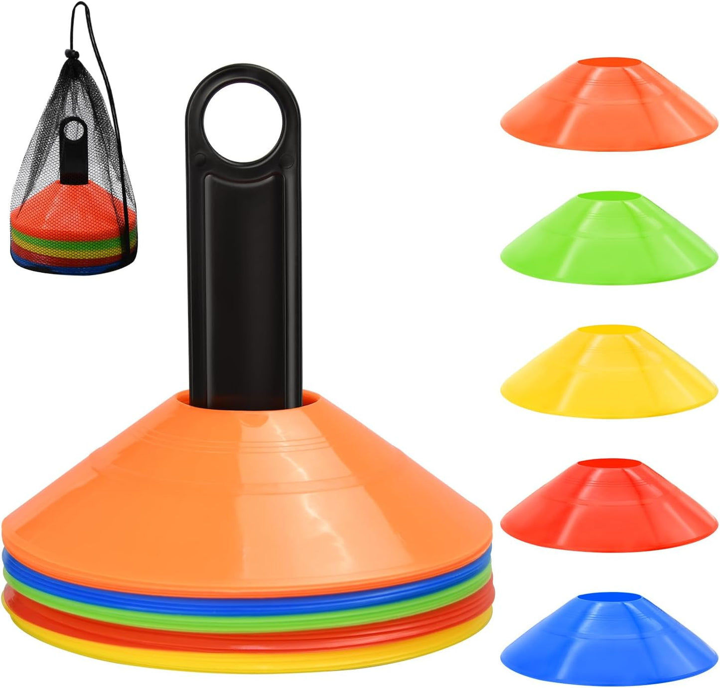 25/50/100pcs Disc Cones, Agility Soccer Cones with Carry Bag and Holder, Soccer Cones for Sports Training, Football, Soccer, Basketball, Coaching, Practice Equipment, 5 Color