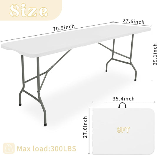 Set of 2 Folding Table 6 FT Lightweight Camping Table Portable Plastic Rectangular Outdoor Dining Table Steel Legs Fold-in-Half with Carrying Handle for Indoor,Picnic,Party,Wedding,Events(White)