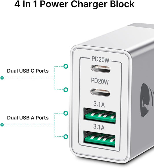 [2-Pack] USB C Wall Charger, 40W Fast USB C Charger Block, 4-Port PD Power Adapter + QC Wall Plug Multiport Type C Charging Block Cube Compatible with iPhone 16 15 14 13 12 11 Pro Max XR XS 8, Samsung
