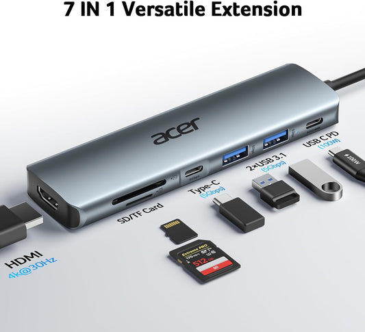 Acer USB C Hub, 7 in 1 Multi-Port Adapter for Laptop, 4K, HDMI Splitter with 2 USB A 3.1 & Type-C to HDMI Data Port, PD 100W Charging, SD Card Reader for Computer, Desktop, Space Grey