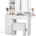 IRONCK Vanity Desk with LED Lighted Mirror & Power Outlet, Makeup Table with Drawers & Cabinet,Storage Stool, White