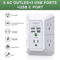 USB Wall Charger, Surge Protector, QINLIANF 5 Outlet Extender with 4 USB Charging Ports (4.8A Total) 3-Sided 1680J Power Strip Multi Plug Outlets Wall Adapter Spaced for Home Travel Office(2U2C),White