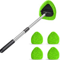 Windshield Cleaning Tool, Car Window Cleaner with 4 Washable Reusable Microfiber Pads, Extendable Long Handle Glass Wiper Cleaning Kit, Auto Accessories Universal for Office and Home (Green)