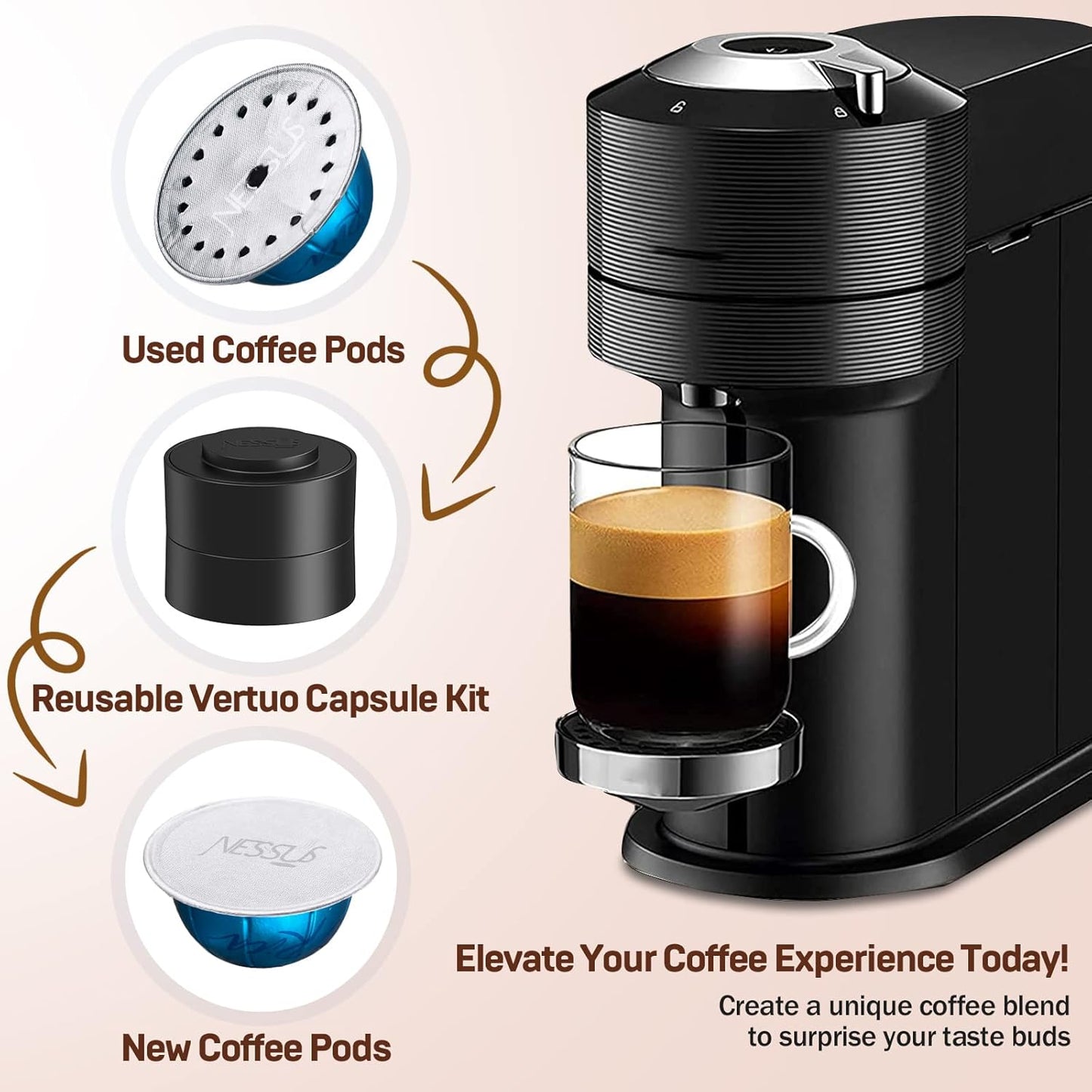 Nessus Reusable Kit for Nespresso Pods Vertuo, Reuse Old Coffee Pods for Nespresso Vertuo: 100 Pcs Aluminum Foil Seal Lid, Holder, Brush, Refillable Vertuo Plus Next Capsule Machine(No Pods Come)