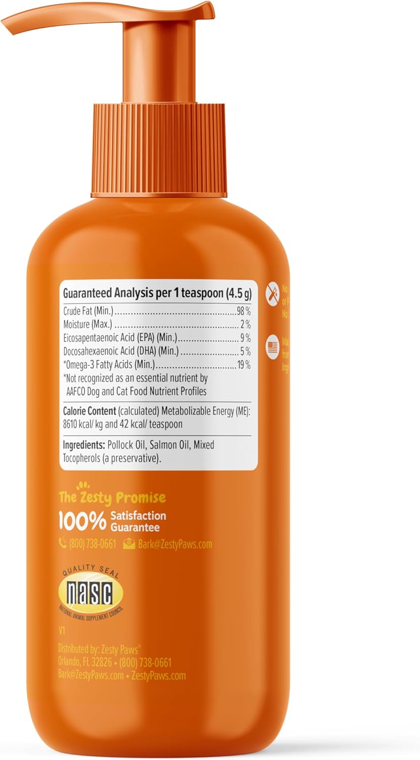 Zesty Paws Wild Alaskan Omega-3 Blend Pollock + Salmon Oil for Dogs and Cats- Skin and Coat Support, Omega 3 Supplement for Pets, 8.5oz