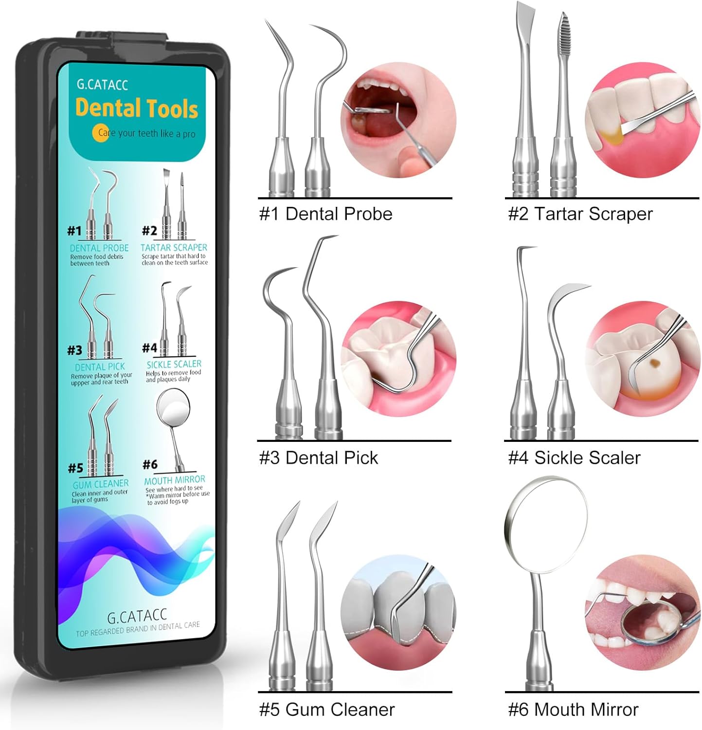 Dental Tools, Dental Pick for Teeth Cleaning, Stainless Steel Hygiene Kit with Tooth Scraper Plaque Tartar Remover - with Case