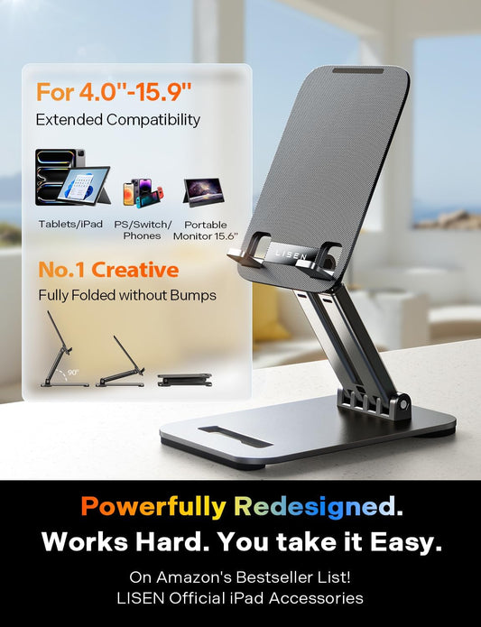 LISEN for iPad Stand Tablet Holder for Desk- Foldable Office Gifts for Men Women Desk Accessories, Home Gadgets Essentials Portable Monitor Stand for iPad a16 Accessories Bed Kindle Fire 4-15.9"