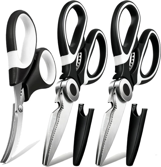 Food Grade Kitchen Scissors All Purpose 3 Pack - Heavy Duty Stainless Steel Cooking Shears for Cutting Meat, Food, Fish, Poultry Sharp Sissors for Dishwasher Safe - with Protective Sheath
