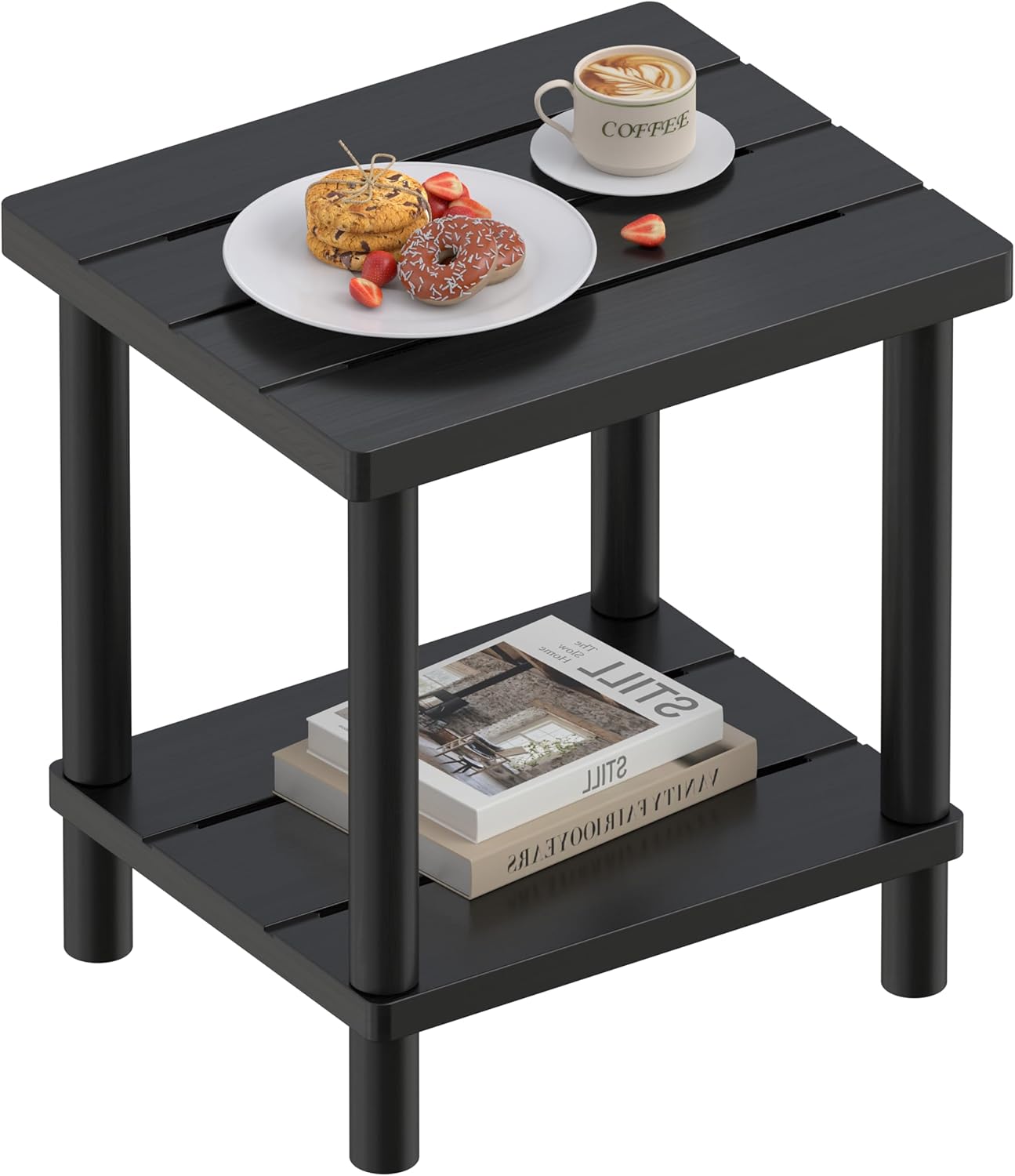 Outdoor Side Table, 2-Tier Small Outdoor Table for Patio, Adirondack Side Tables for Outside or Indoor, Bamboo End Table for Pool, Porch, Weather Resistant Easy Maintenance-Black