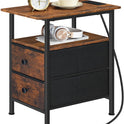 HOOBRO End Table with Charging Station, Narrow Side Table, Nightstand with 2 Non-Woven Drawers, Slim Sofa Side Table, for Small Spaces, Living Room, Bedroom, Rustic Brown and Black BF486UBZ01