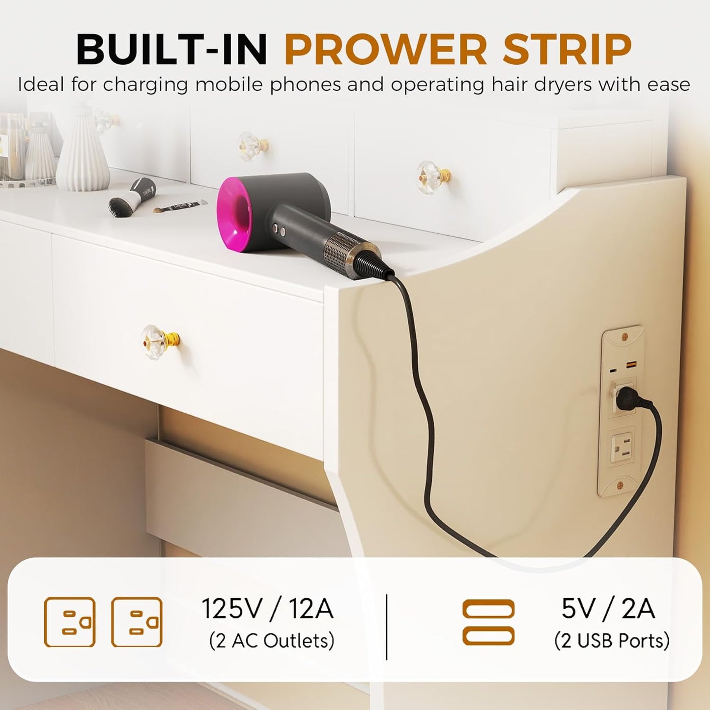 COMHOMA Makeup Vanity Desk with Mirror and Lights, Vanity Table and Chair Set with 5 Drawers and Charging Station, Bedroom Dresser LED Mirror Stepless Dimmable & 3 Color Modes Adjustable, White