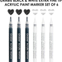 Grabie Black & White Extra Fine Tip Acrylic Paint Marker Set, 6 Pack, 0.7mm Acrylic Paint Pens for Highlights and Fine Details on Drawings, Rock Painting Glass Canvas Wood, White Highlight Markers