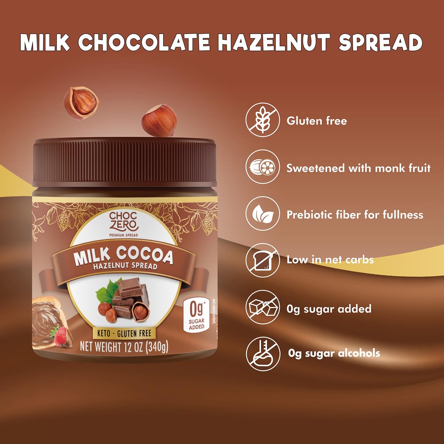 ChocZero Milk Chocolate Hazelnut Spread - No Added Sugar, Keto Friendly Low-Carb Chocolate Hazelnut Dessert & Bread Topping, Gluten Free, High Fiber, 12 oz Jar