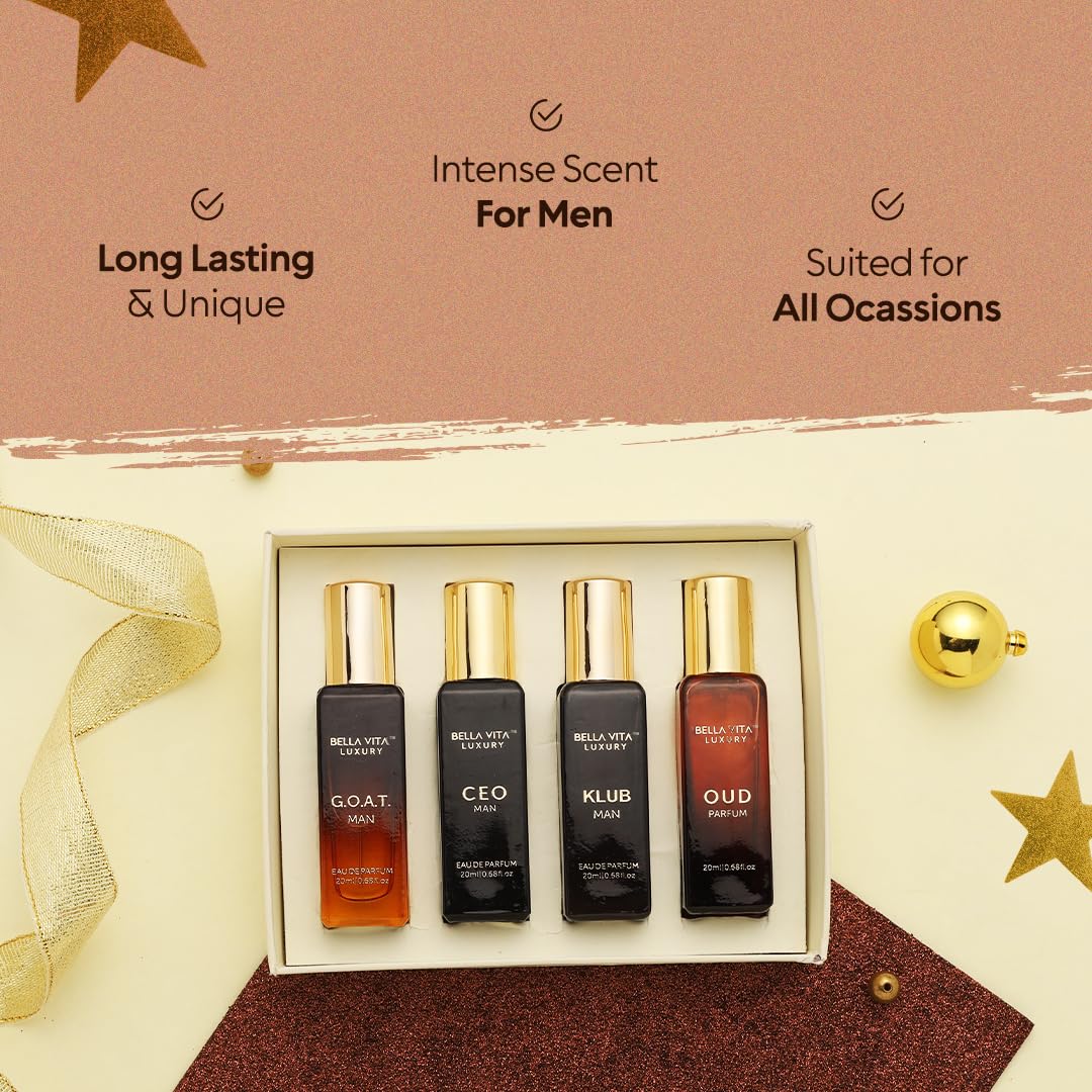 BellaVita Luxury Perfume Gift Set for Men (4 x 20ml) – Perfect Father’s Day Gifts for Dad & Husband | Includes KLUB, OUD, CEO & GOAT | Premium Masculine Woody, Citrusy & Aromatic Fragrances