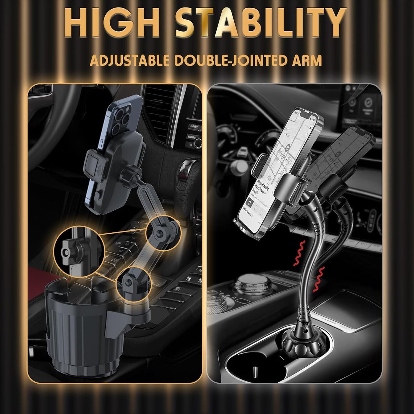 Phone Holders for Your Car, 2 in 1 Universal Cup Holder Expander Adjustable Base with Phone Mount, Long Arm with 360°Rotation Cup Holder Phones Mount for Car Compatible with All Smartphones