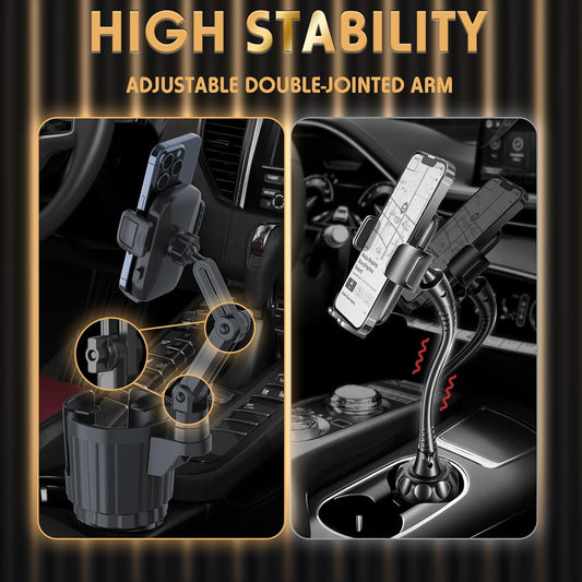 Phone Holders for Your Car, 2 in 1 Universal Cup Holder Expander Adjustable Base with Phone Mount, Long Arm with 360°Rotation Cup Holder Phones Mount for Car Compatible with All Smartphones