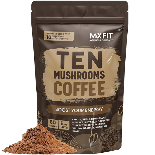 Mushroom Coffee (60 Servings) 10 Mushrooms (Lion’s Mane, Cordyceps, Turkey Tail & Other) Mixed With Gourmet Arabica Instant Immune Boosting Coffee for Focus & Gut Health Support