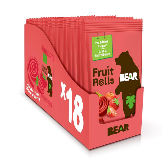 BEAR Real Fruit Snack Rolls - Gluten Free, Vegan, and Non-GMO - Strawberry – 36 Rolls, Healthy School And Lunch Snacks For Kids And Adults, 0.7 Ounce (Pack of 18)