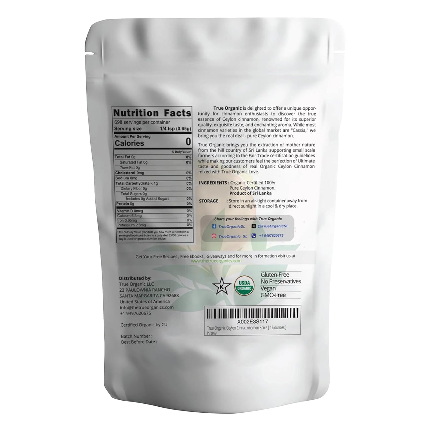 True Organic Pure Ceylon Cinnamon Powder, 1 lb, Premium Grade, Gluten Free, USDA & Kosher Certified, Organic Ground Cinnamon powder, Non-GMO, Ceylon Premium Quality
