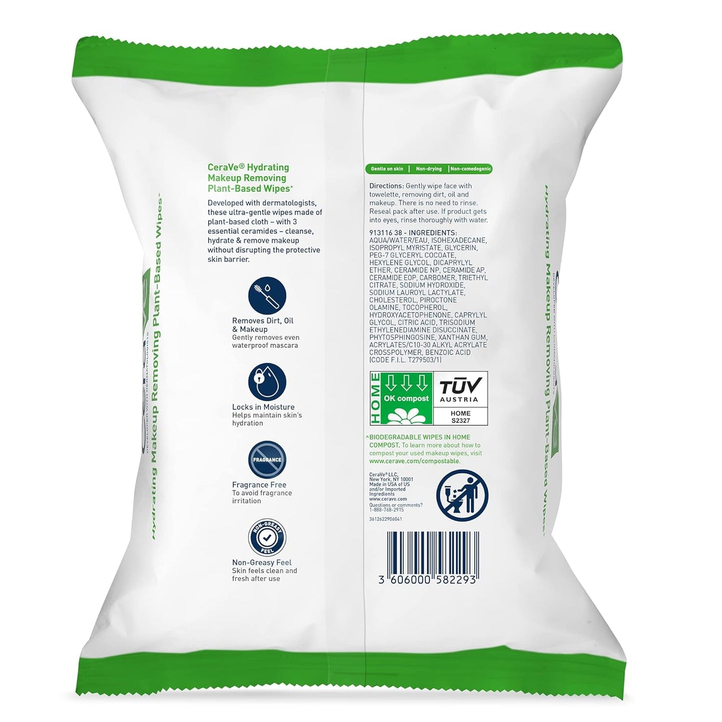CeraVe Makeup Remover Wipes, Plant Based Face Wipes, Biodegradable in Compost, Waterless Face Wash, Travel Essentials for Women, Suitable for Sensitive Skin, Fragrance-free + Non-comedogenic, 25ct