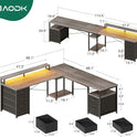 AODK 66" L Shaped Desk, 113" Computer Desk with File Cabinet & 4 Fabric Drawers, Home Office Desk with Monitor Shelf & Power Outlet, Two Person Desk or Corner Desk, Gaming Table with LED Light, Grey