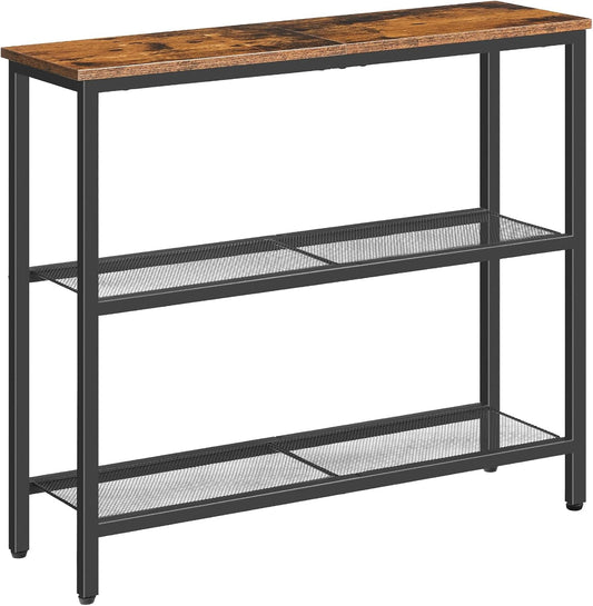 HOOBRO 29.5" Narrow Console Table, 3-Tier Entryway Table, Thin Sofa Table with Shelves, Side Table, Display Table, for Hallway, Entrance, Living Room, Bedroom, Rustic Brown and Black BF73XG01