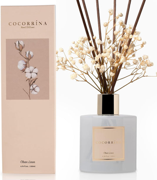 Cocorrína Reed Diffuser Set, Clean Linen 6.7 fl oz Scented Diffuser with Sticks Home Fragrance Reed Diffuser for Bathroom Shelf Decor