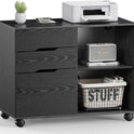 DUMOS Lateral File Cabinet with 3 Drawers Rolling Filing Cabinets Under Desk Storage Printer Stand Wood Organizer with Wheels Adjustable Shelf for Office Home Small Space, Black