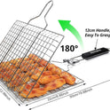 Fish Grilling Basket, Folding Portable Stainless Steel BBQ Grill Basket for Fish Vegetables Shrimp with Removable Handle, Come with Basting Brush and Storage Bag