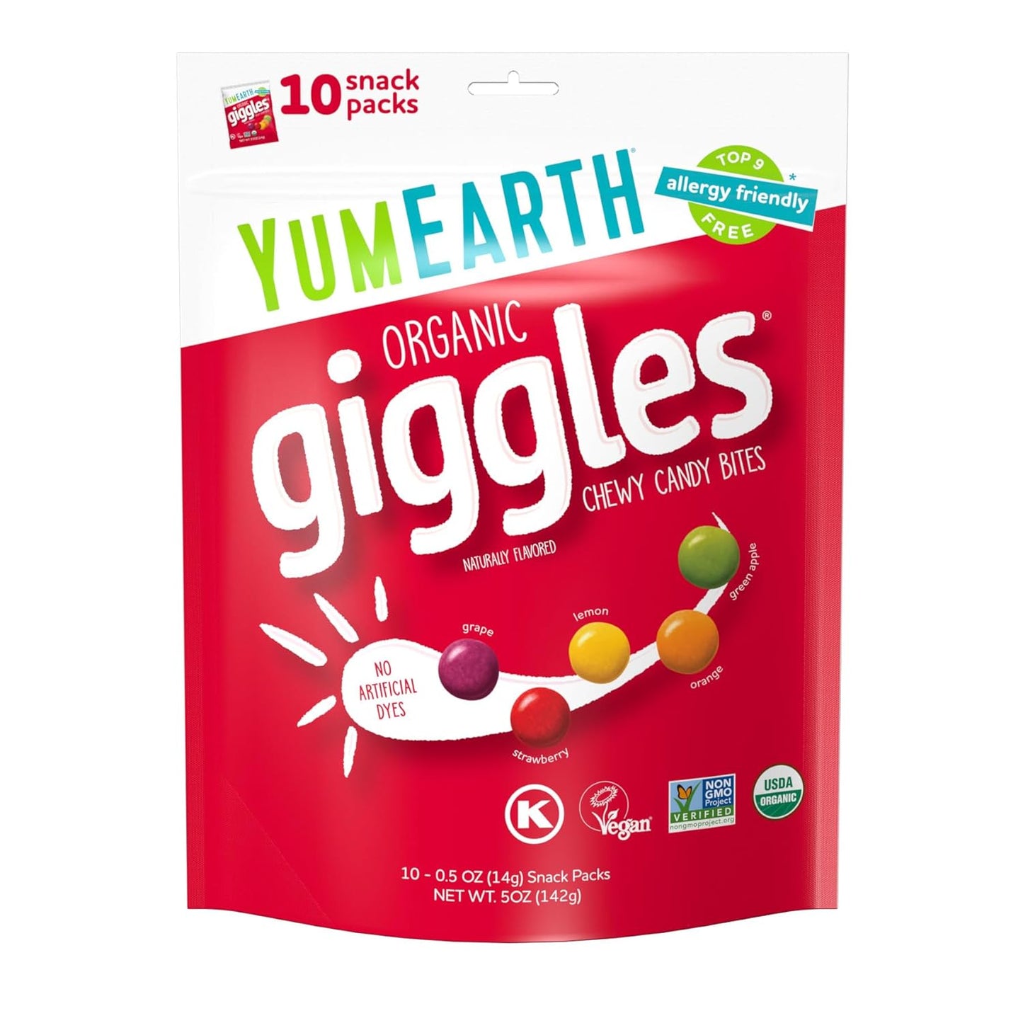 YumEarth Organic Giggles Chewy Candy - Allergy Friendly (Top 9 Free), No Artificial Dyes, Non GMO, Gluten Free, Vegan - Individually Wrapped Fruity Snack Packs - 0.5 Ounce (Pack of 10)