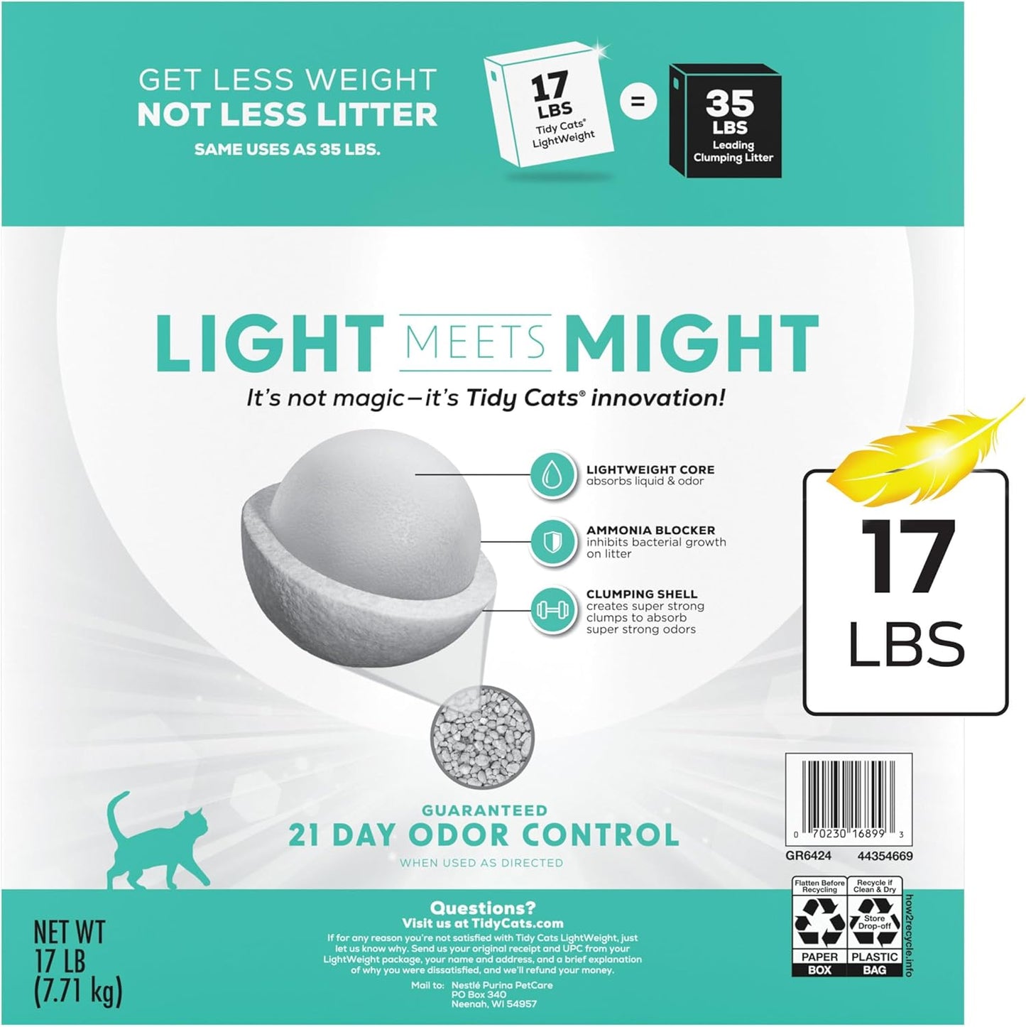 Purina Tidy Cats LightWeight Free and Clean Unscented, Multi-Cat, Clumping, 99.9 Percent Dust Free Cat Litter - 17 lb. Box