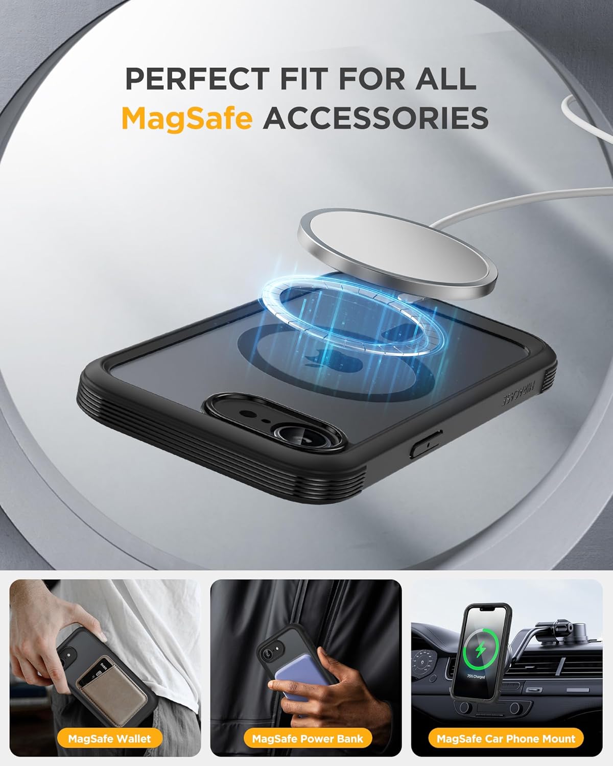 Miracase Magnetic for iPhone 16e Case Full-Body Phone with Built-in Glass Screen Protector, [Compatible with MagSafe] Military Drop Proof 16 E Cover Bumper 6.1 inch, Black