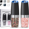 Gravity Electric Salt and Pepper Grinder set of 2, Automatic Salt And Pepper Grinder Set, Adjustable Roughness, Battery Powered, LED Light, 2 Pack, (Black)