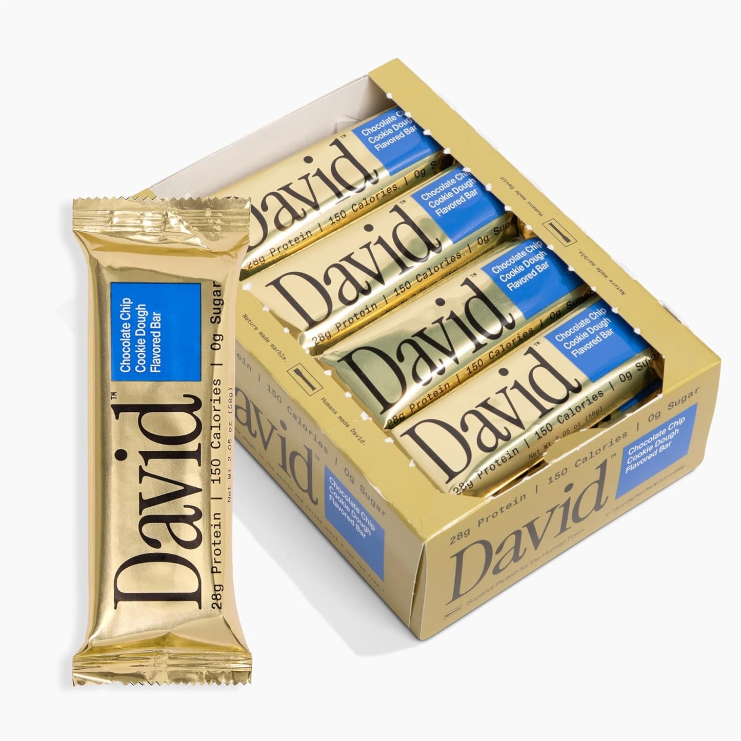 David High Protein Bars No Sugar - Sugar Free Protein Bars, Low Carb, Gluten Free - 28g of Protein, 150 Calories - David Bar On-The-Go Snack - Chocolate Chip Cookie Dough Flavor, Pack of 12