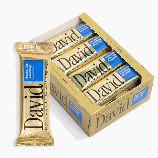 David High Protein Bars No Sugar - Sugar Free Protein Bars, Low Carb, Gluten Free - 28g of Protein, 150 Calories - David Bar On-The-Go Snack - Chocolate Chip Cookie Dough Flavor, Pack of 12