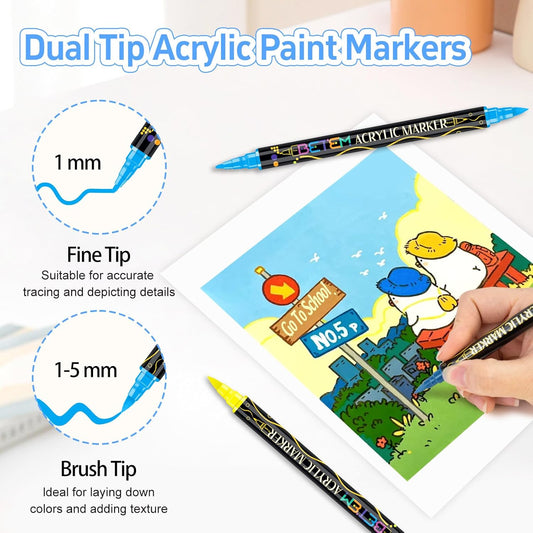 Betem Acrylic Paint Markers, Dual Tip 24 Colors Acrylic Paint Pens with Brush Tip and Fine Point, Art Supplies for Rock, Wood, Canvas, Stone, Glass, Ceramic, Rock Painting