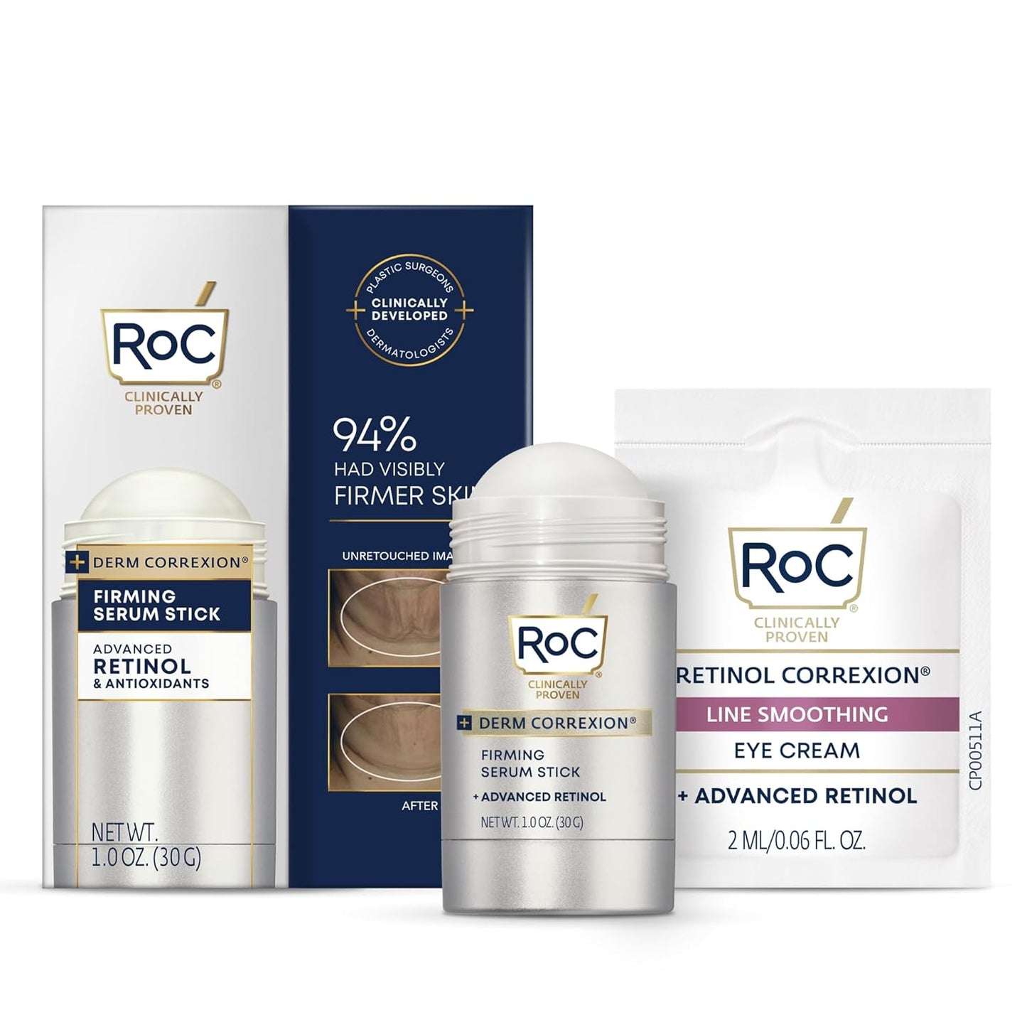 RoC Derm Correxion Retinol Firming Serum Stick with Antioxidants to Visibly Tighten and Firm Wrinkles and Laugh Lines 1.0 oz plus Retinol Eye Cream Packette