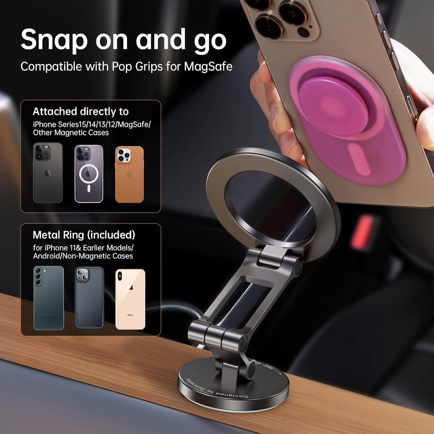 Syncwire Fits MagSafe Car Mount for Car Dash&Tesla Screen[All-Metal] Magnetic Phone Holder, [Flexible Three-axis]360° Rotation Car Mount Strong Magnets Car Phone Holder for iPhone 17 16 15 14 Pro Max