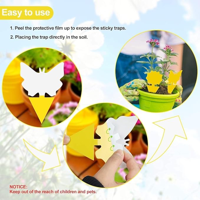 64 Pcs Sticky Trapz for gnat, Yellow Stick Traps for Plants, Fungus gnat Traps Double Side with Shovel, Indoor Safe for Gnat, Fruit Fly, White Fly, Aphid, Leaf Miner - Cart Shape